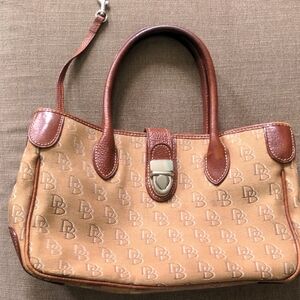Dooney Bourke Monogram Handbag, Tote, Camel Canvas & brown Leather, EUC, Satchel